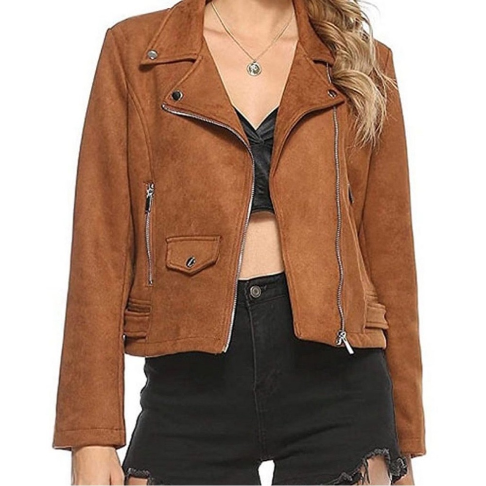 Stylish Tan faux suede Leather Women's moto biker Jacket S